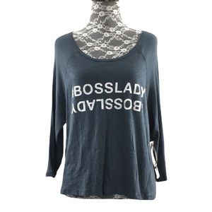 Nanette Lepore Gray Blue #BossLady Graphic Tee Womens SP‎ 3/4 Sleeve Crop Top